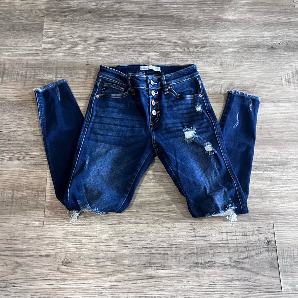Kancan dark wash distressed skinny jeans button fly size 24